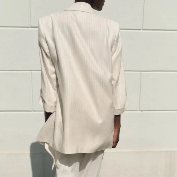 Zara Linen Blend Lightweight Open Front Blazer in Cream Pinstripe Sz Medium - Picture 3 of 16